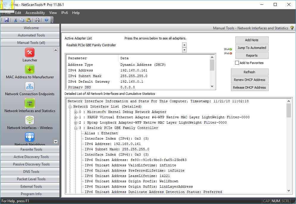 Network Interfaces and Statistics Tool Screenshot