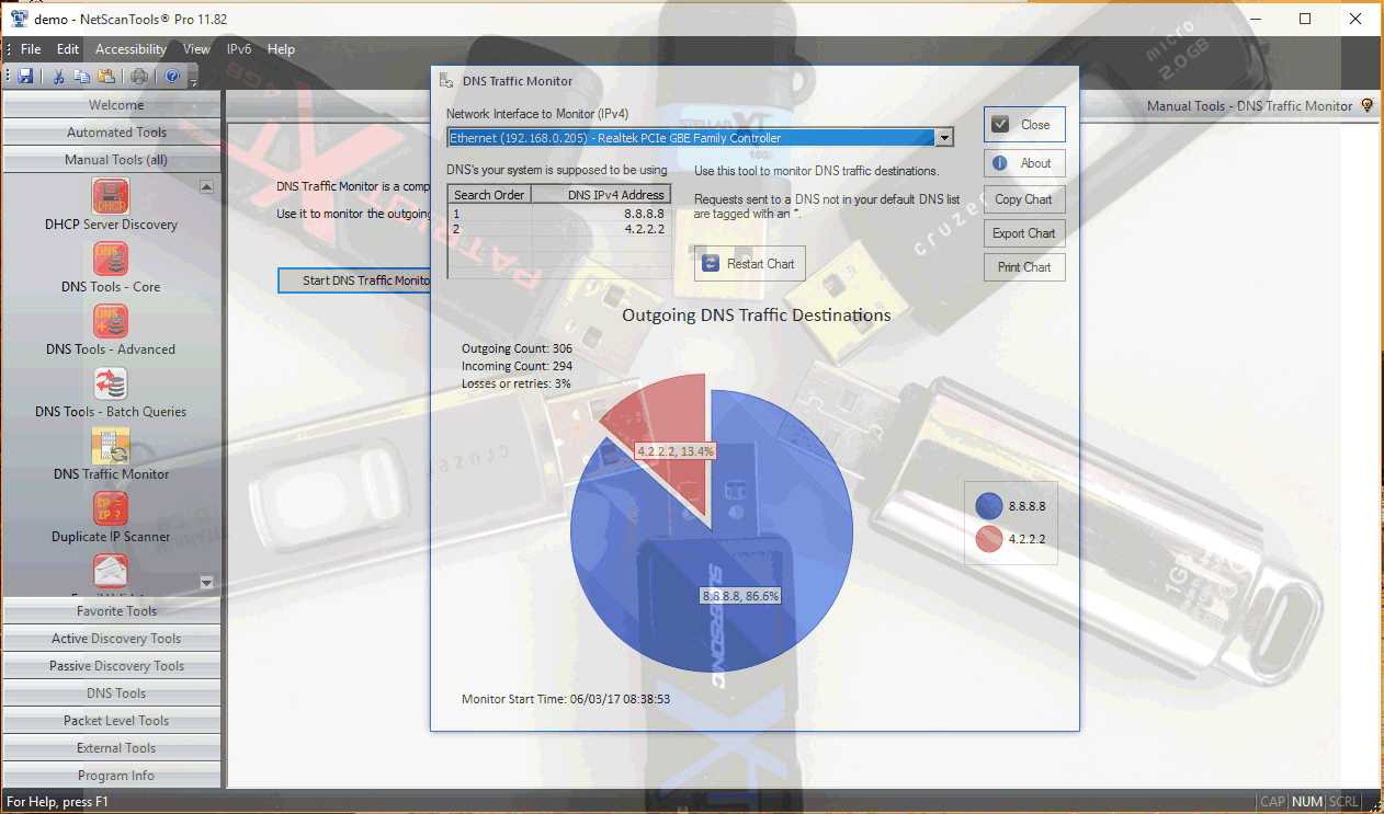 NetScanTools Pro DNS Traffic Monitor with USB Screenshot
