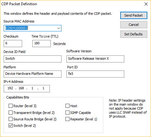Packet Generator CDP Packet Definition Screenshot