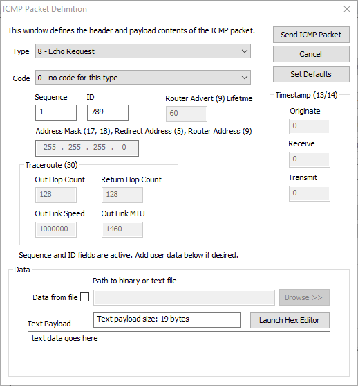 Packet Generator ICMPv4 Packet Definition Screenshot