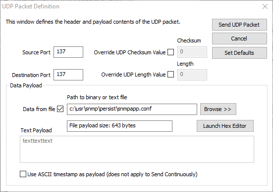 Packet Generator UDP Packet Definition Screenshot