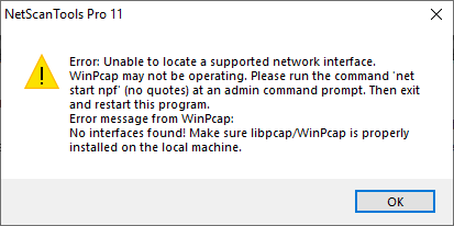 Second WinPcap Error Message